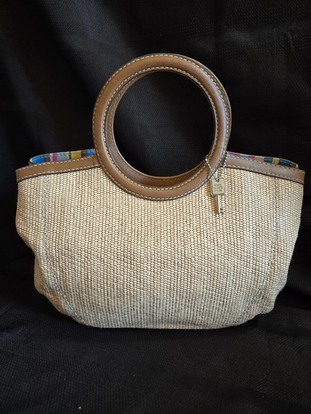 Fossil Woven Straw Tote with Brown Leather Handles NWOT